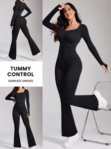Easithlete Seamless High Stretch Rib Knit Sports Jumpsuit With Thumb Holes