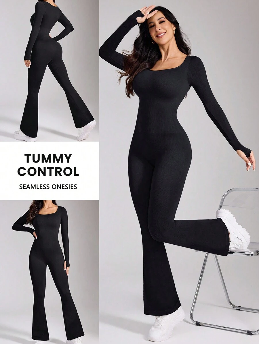 Easithlete Seamless High Stretch Rib Knit Sports Jumpsuit With Thumb Holes