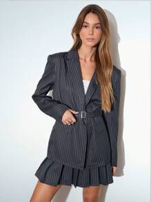 SHEIN Unity Early Autumn Solid Color Loose Waistband Blazer & A-Line Pleated Skirt Co-Ord Set Fall Cloth For Women - Black - View 5