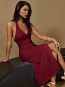 Poéselle 女士纯色单排扣长款修身优雅挂脖连衣裙 - 酒紅色 - 查看 1