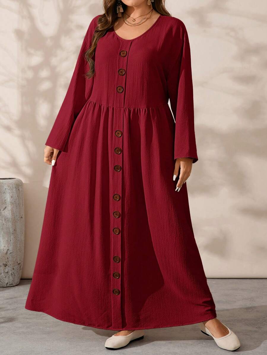 EMERY ROSE Große Größen Einfarbig Kleid mit Knöpfen, langen Ärmeln und geraffter Optik, minimalistisch und lässig - Bordeaux - Übersicht 1
