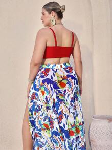 Swim Oasis Plus Size Women Oasis Three Pieces Set, Solid Color Lace-Up Spaghetti Strap Camisole & Shorts Set With Random Printed Belt & Maxi Skirt Summer