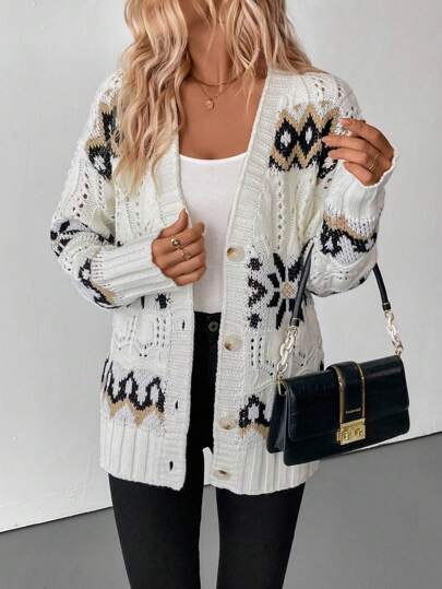 SHEIN LUNE 女式圣诞杏色 V 领钻石图案加厚保暖开衫