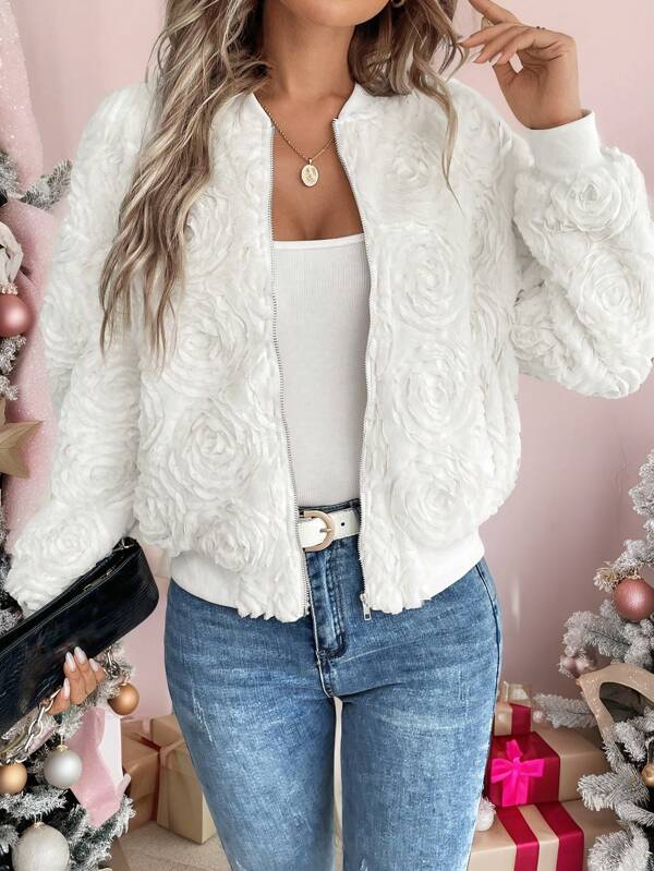 SHEIN LUNE Pink Christmas Women Clothes  1pc Women's Warm Plush 3D Floral Green Short Jacket For Autumn/Winter For Christmas