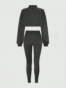 SHEIN BASICS 2 件套女士休闲纯色针织短款长袖宽松上衣和中腰紧身裤套装 - 黑色 - 查看 2