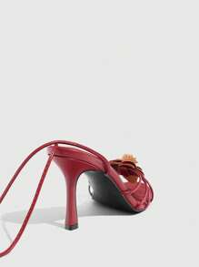 CUCCOO SZL Pink PU Floral Decor Women Round Toe High Heel Lace-Up Sandals Valentine's Day - Burgundy - View 11