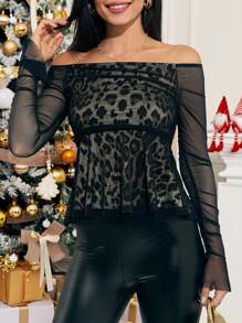 SHEIN Clasi 女式拼接豹纹印花网眼长袖露肩时尚 T 恤，秋季 - 彩色 - 查看 3