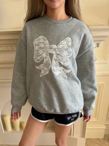 SHEIN Áo chui đầu cổ tròn dệt kim hoa thạch nam cho bé gái tuổi teen, thường ngày, rộng rãi, đính nơ ren - Xám - Xem 3