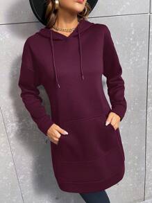 SHEIN LUNE 女式纯色落肩长袖口袋抽绳连帽运动衫，秋季