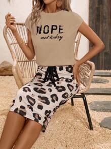 SHEIN LUNE 女士运动休闲豹纹短裤和上衣两件套夏季 - 卡其色 - 查看 4