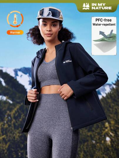 In My Nature 女士拉链字母印花连帽风衣夹克冬季女式上衣