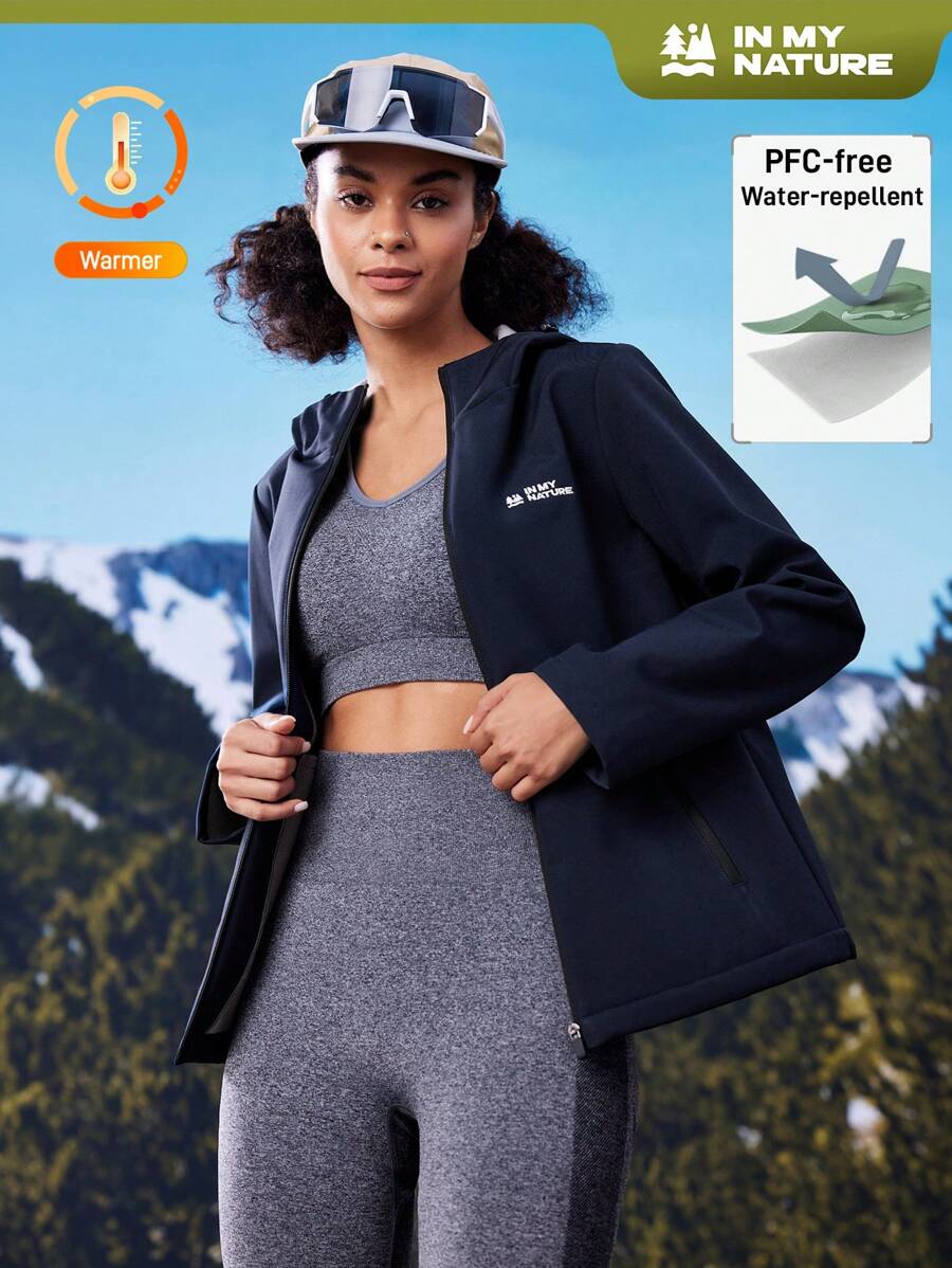 In My Nature 女士拉链字母印花连帽风衣夹克冬季女式上衣 - 藏蓝色 - 查看 1