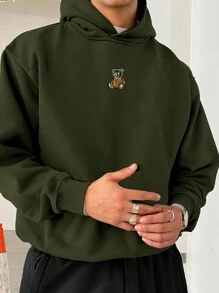 Manfinity Homme 宽松男士卡通图案长袖连帽衫，绿色连帽衫，深绿色连帽衫，男士连帽衫 - 軍綠色 - 查看 1