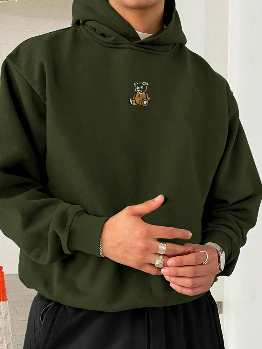 Manfinity Homme 宽松男士卡通图案长袖连帽衫，绿色连帽衫，深绿色连帽衫，男士连帽衫 - 軍綠色 - 查看 1