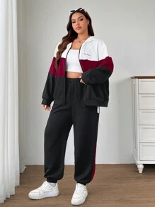 SHEIN EZwear Bộ 2 món/Bộ đồ thể thao thường ngày in khẩu hiệu màu tương phản cỡ lớn, áo khoác nỉ + quần dài, bộ đồ thể thao, mùa thu/đông - Nhiều màu - Xem 6