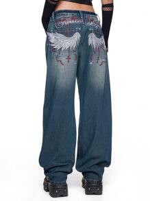 ROMWE Grunge Punk Quần Jeans Rách Lưng Thấp Y2K PUNK Có Cánh Sau, Dây Xích Và Đồ Họa Thêu Chữ Thập - Màu xanh lam - Xem 8