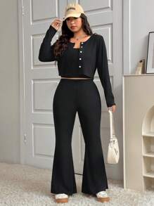 SHEIN EZwear 大码前扣长袖休闲上衣和裤子两件套 - 黑色 - 查看 4