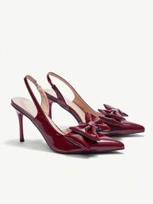 CUCCOO CHICEST Women's Pointed Toe Faux Leather Slip-On High Heel Pumps With Oversized Bow Design, Romantic And Elegant, Wine Red Color, Suitable For Dates, Tea Parties, And Parties For And Vibe And Spring Shoes Spring Break Easter Prom Heels - Burgundy - View 7