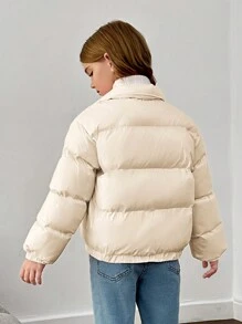 SHEIN Tween 女童纯色立领厚款宽松休闲短款棉服外套 - 米色 - 查看 2