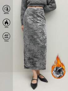 BizChic Sequin Fashionable Skirt, Grey Color Backsllit Hem Party Skirt, Office Wear For Women, Spring/Summer, Suitable For Christmas Party, Holiday, Thanksgiving