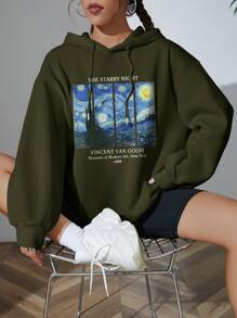 INAWLY 女士印花休闲连帽卫衣，日常穿着套头衫，秋季款 - 橄欖綠 - 查看 4