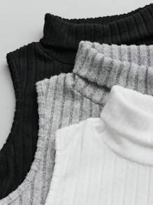 SHEIN LUNE 3pcs/Set Women Casual Solid Color Fuzzy Ribbed High Neck Sleeveless Top - Multicolor - View 6