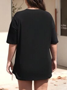 SHEIN LUNE 大码女式休闲宽松字母和豹纹落肩圆领 T 恤图案猎豹印花 T 恤女式上衣 - 黑色 - 查看 2