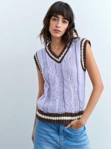 Maija Women's V-Neck Contrast Color Textured Pullover Vest, Warm For Autumn/Winter - Mauve Purple - View 1