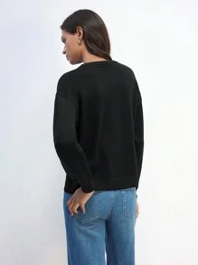Maija Women's Sequin Embellished Fuzzy Black Knit Sweater, Shiny Glitter Decor, Casual Urban Fashion, Essential For Holidays, Warm & Soft, Round Neck Long Sleeve Pullover