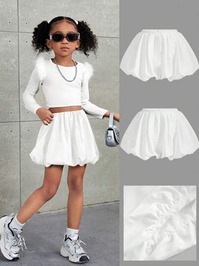 SHEIN NovaGlow 年轻女孩年轻女孩休闲纯色风衣面料低腰迷你泡泡裙，返校服装，运动风格，街头风格，母女搭配，适合圣诞节，非常适合秋冬季休闲和日常穿着和学校日常