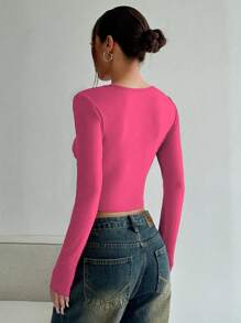 SHEIN Unity Women Lace Patchwork Long Sleeve Ruffle Trim Casual T-Shirt For Spring - Hot Pink - View 2