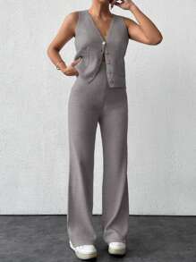EURMUSE 2pcs/Set Women Single Breasted Knit Vest & Sweater Pants Casual Outfit Set, Autumn/Winter