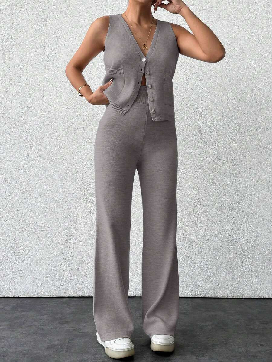 EURMUSE 2pcs/Set Women Single Breasted Knit Vest & Sweater Pants Casual Outfit Set, Autumn/Winter