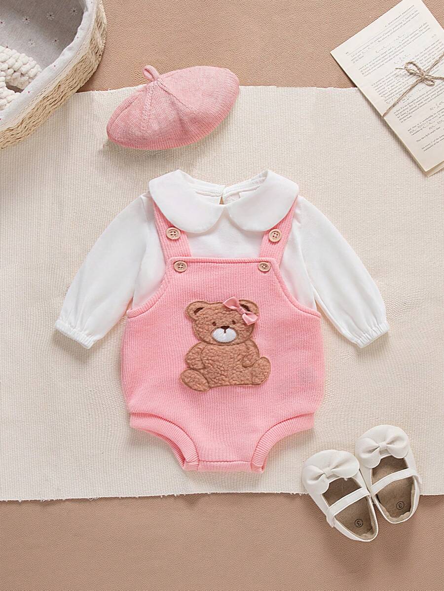 SHEIN 女婴荷叶边领连体衣,搭配可爱蝴蝶结熊背带连体衣,秋冬时尚新宠,温暖舒适,必备婴儿服装 - 彩色 - 查看 1