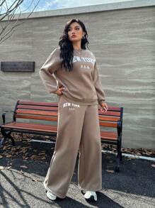 SHEIN EZwear Plus Size Damskie Dresy Dla Kobiet, Khaki Letter Print Bluza Z Okrągłym Dekoltem Dopasowana Do Spodnie 2 Części Zestawu, Plus Size, Zimowe Ubrania Dla Kobiet - Kolor khaki - Zobacz 5