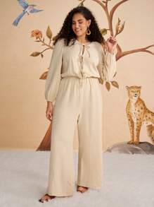 SHEIN VCAY Plus Size Women's Apricot Bowknot Front Lantern Sleeve Textured Jumpsuit, Casual Holiday Wear