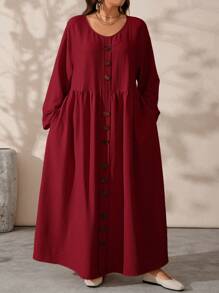 EMERY ROSE Große Größen Einfarbig Kleid mit Knöpfen, langen Ärmeln und geraffter Optik, minimalistisch und lässig - Bordeaux - Übersicht 3