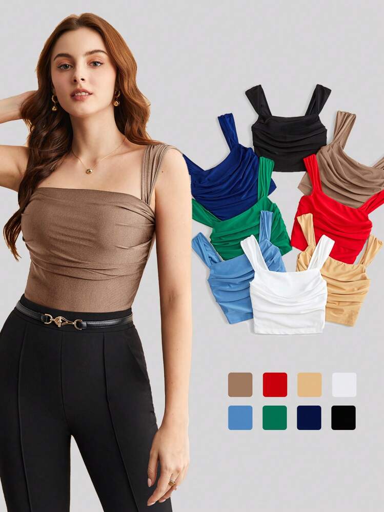 BizChic 女士优雅褶皱修身吊带背心，百搭实用，适合浪漫、休闲、商务、办公场合，春秋季穿着。 - 棕色 - 查看 10