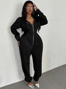 Maweii Plus Size Solid Color Front Zipper Long Sleeve Casual Jumpsuit With Pockets - Black - View 4