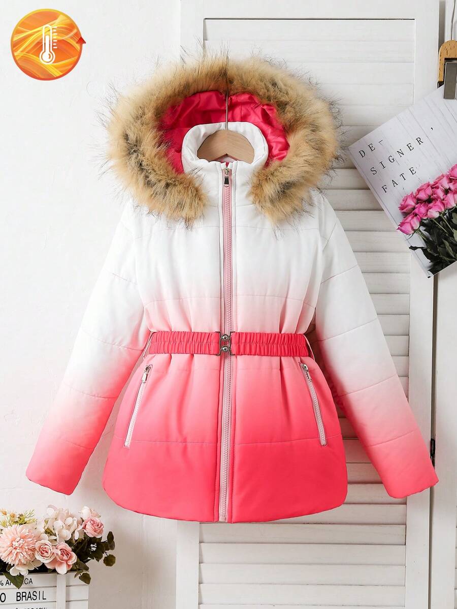Girls Ombre Print Cinched Waist Down Parka With Fur Collar, Suitable For Daily Casual Wear, Birthdays, Parties, Winter