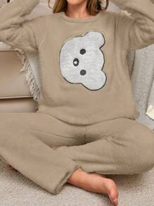 RueChic 2Pcs Pelush Animal Embroidery Detail PJ Set - Brown - View 4