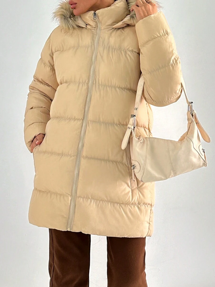 EURMUSE 1st Kvinnor Casual Fluffy Patchwork Front Zip Up Hoodie Jacka, dagligt slitage - Beige - Visa 1