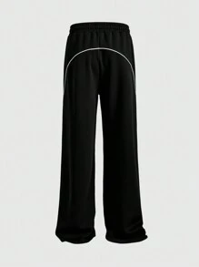 ROMWE MEN Street Life Men's Elastic Waist Loose Fit Sweatpants With Striped Panel, Streetwear - Black - View 2