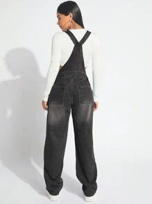 SHEIN SXY Women's Wide Strap Pocket Distressed Minimalist Casual Denim Bib Overalls - Dark Grey - View 2