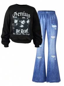 SHEIN 2 件套：女孩街头风格复古女孩印花羊毛圆领运动衫和牛仔效果喇叭裤 - 彩色 - 查看 6