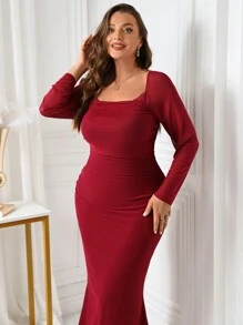 SHEIN Clasi Plus Size Women Square Neck Long Sleeve Mermaid Hem Slim Fit Elegant Dress - Burgundy - View 4