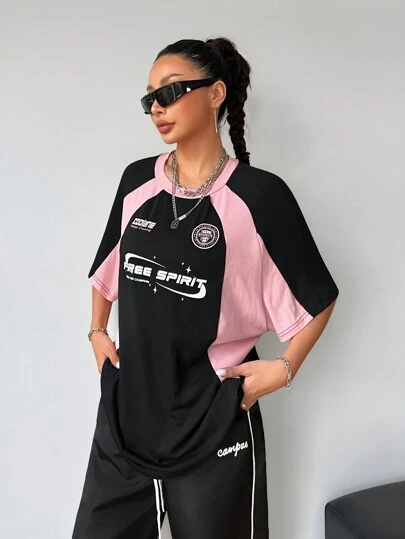 Coolane Women Letter Print Crew Neck Raglan Short Sleeve Loose Casual T-Shirt