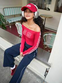 SHEIN Explorewe 2pcs/Set Teen Girl Off-Shoulder Long Sleeve Numeric Print Minimalist Blouse & Pants Set - Red - View 4