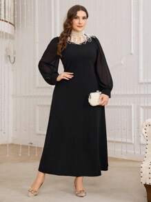 Modelyn Elegant Modest Muslim Arabic Women Plus Size Black Knit Pearl Necklace Bodycon Dress Long Evening Dresses Fall Cloth For Women - Black - View 7