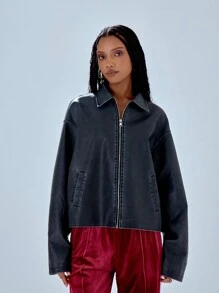 MUSERA Embroidery Letter Embroidery Drop Shoulder Oversized PU Leather Jacket - Black - View 1